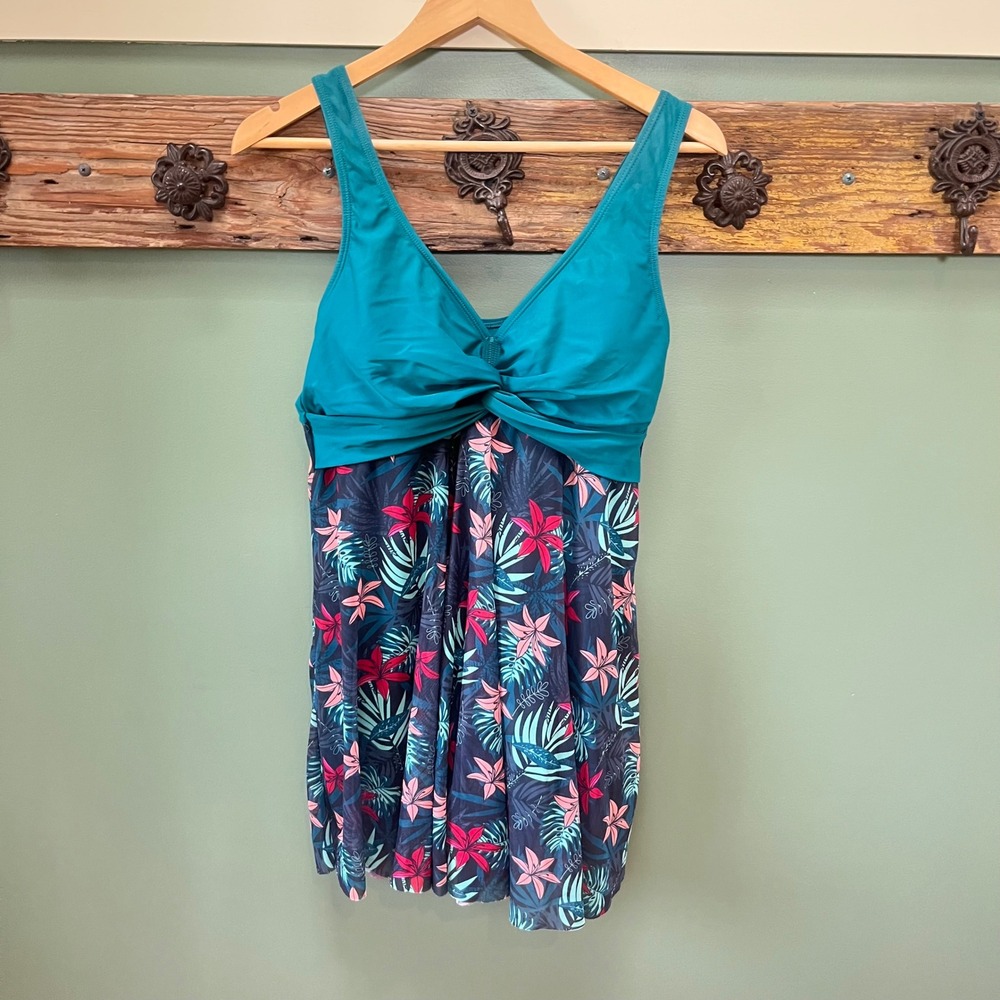 Shekini Womens Floral Swim Dress Teal Tropical One Piece‎ Swimsuit Size XL